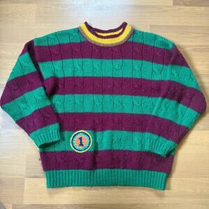 Vintage 90's Bravo Numero Uno Green Purple Cable Knit Striped Sweater Sz Large